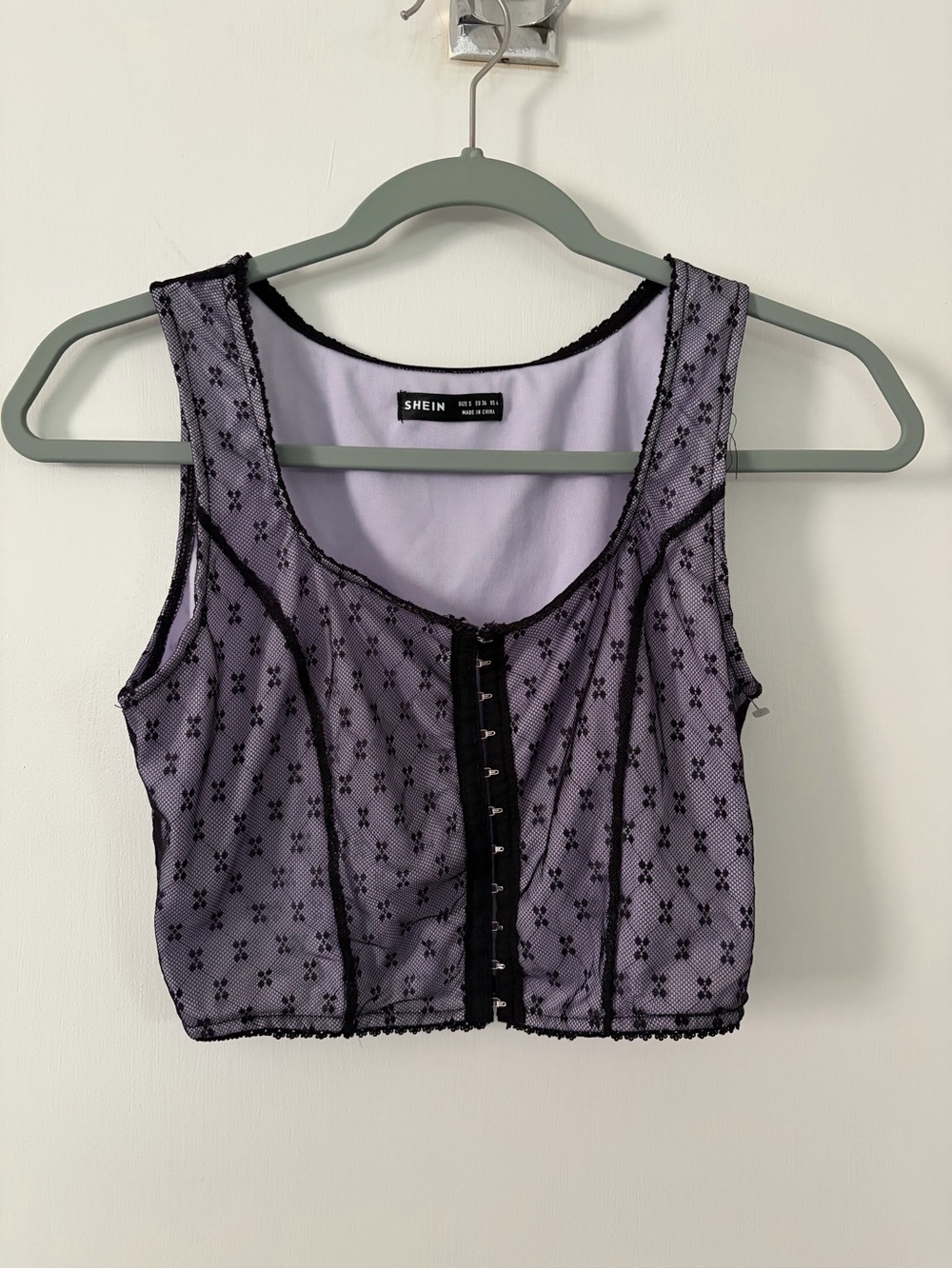 SHEIN Lavender Cropped Tank with Black Lace Overlay
